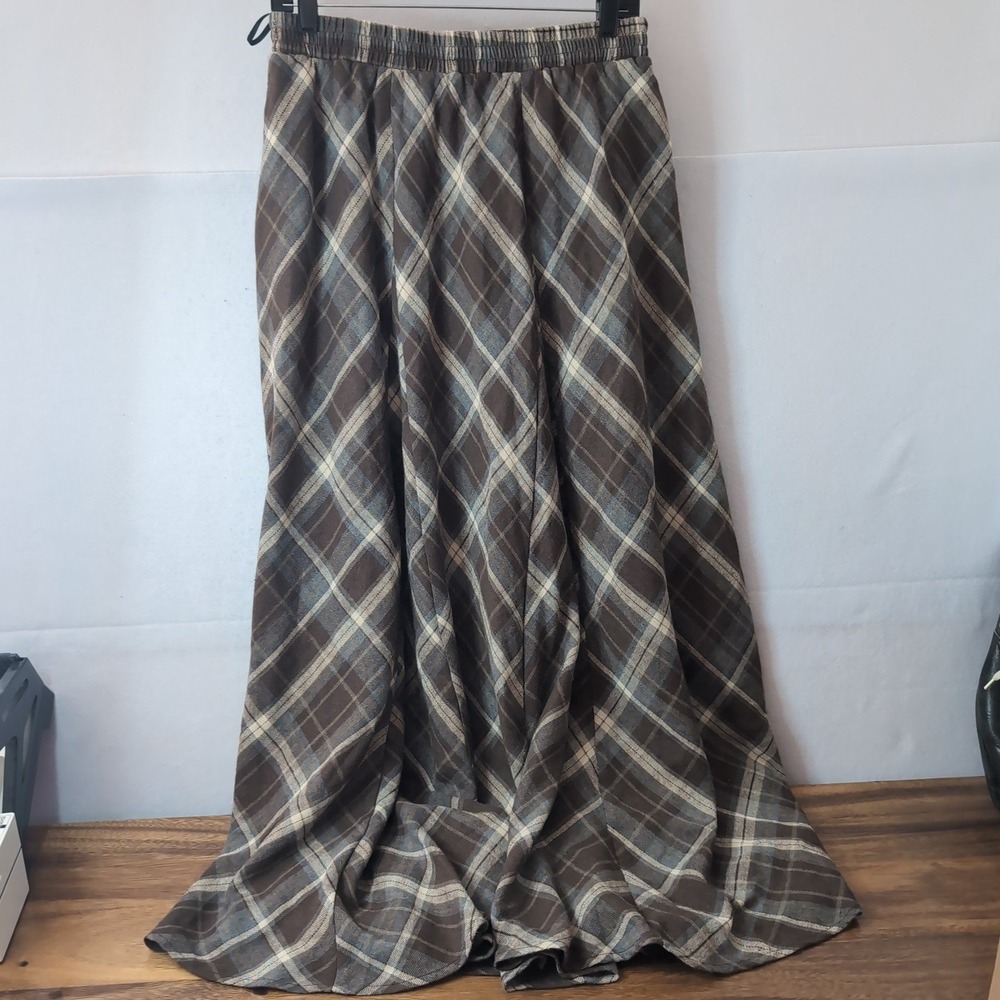 Scarlet Darkness Brown Plaid Maxi Skirt Elastic Waist Lined Dark Academia Large